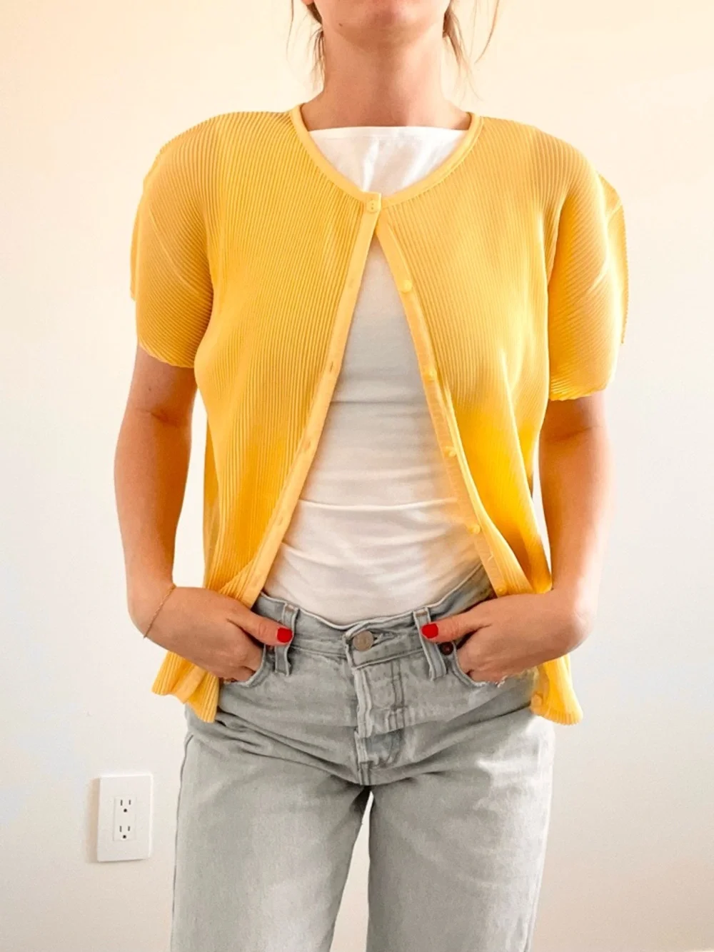 Vintage Sunny Yellow Ribbed Button Down Short Sleeve Cardigan